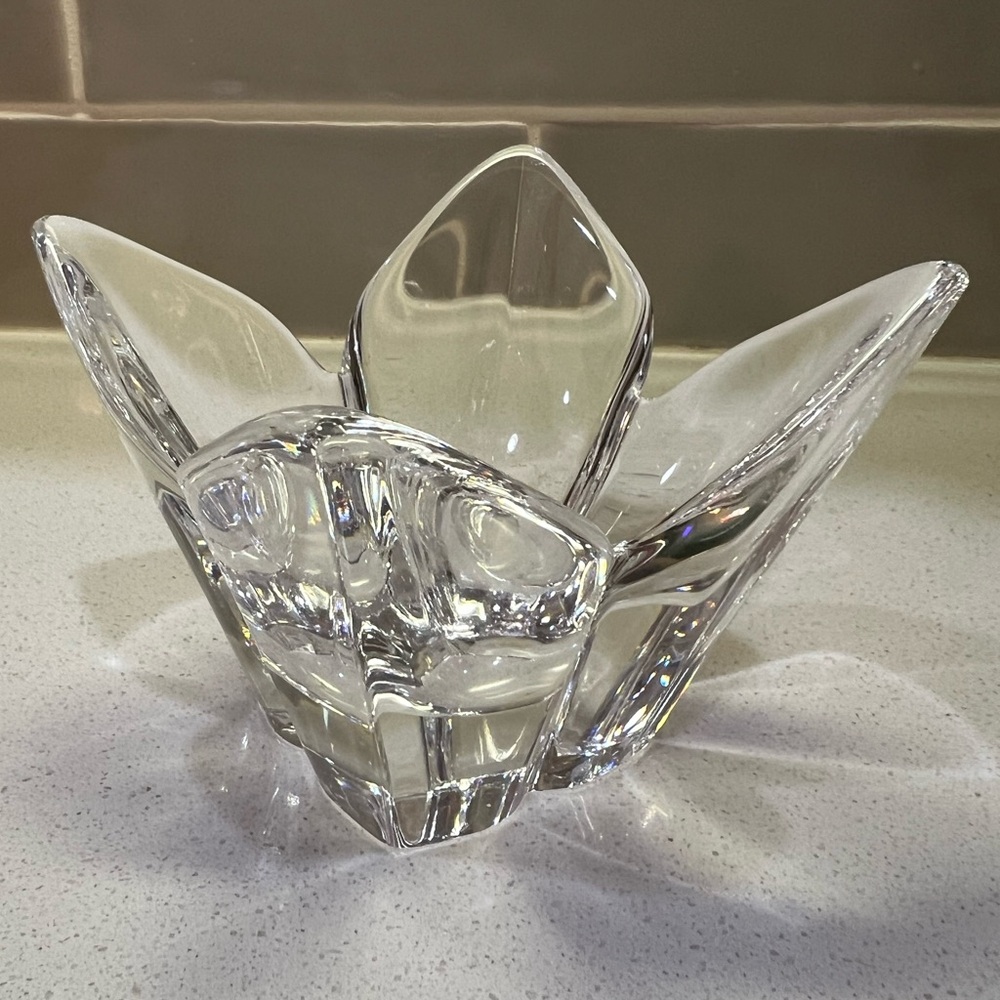 Orrefores Crystal Glass Lotus Bowl Tea Light Votive Holder Signed Mahjong Dish